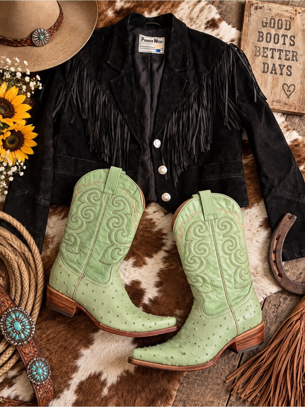 Armenta Pistachio Green Embossed Ostrich-Texture Western Boots - Picture 8 of 8